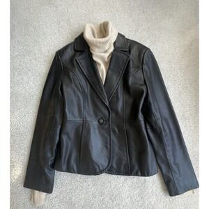 Kate Hill Genuine Leather Jacket Womens Size 8P Black One Button